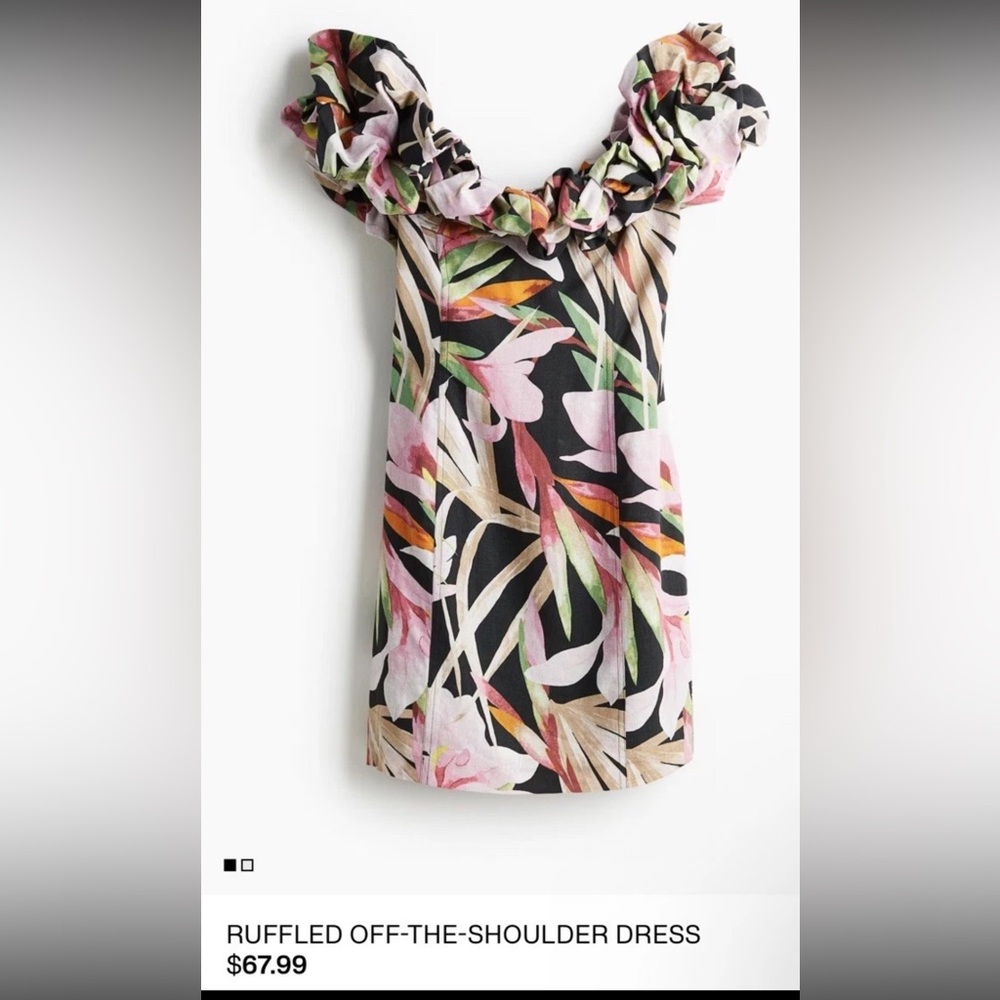 H&M Floral Ruffled Off-Shoulder Linen Dress- Black, Pink, Green tropical florals